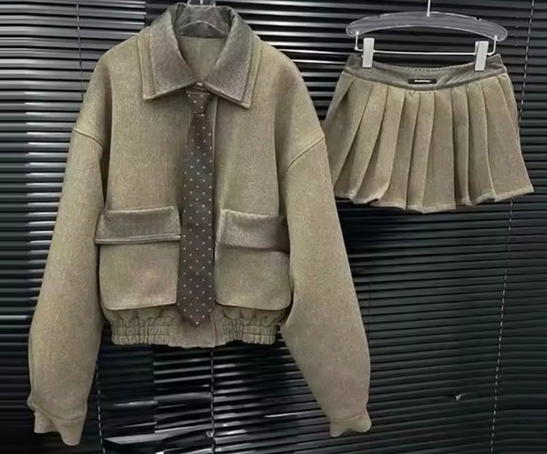 Women Fashion Tie Leather Patchwork Pleated Two Piece Skirt Set
