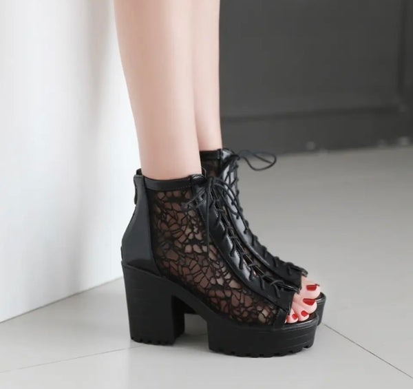 Women Fashion Open Toe Lace Platform Tie Up Ankle Boots