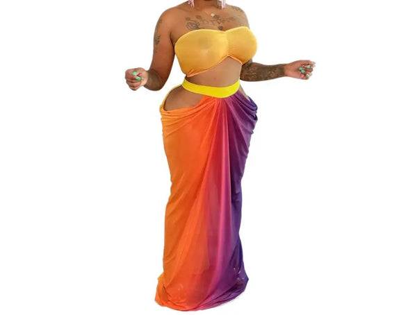 Women Sexy Strapless Multicolored Two Piece Maxi Skirt Set