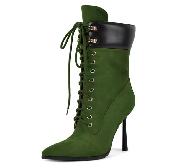 Women Fashion Color Pointed Toe Lace Up High Heel Ankle Boots