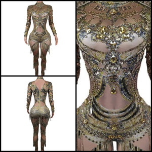 Women Sexy Full Sleeve Crystal Bling Tassel Jumpsuit