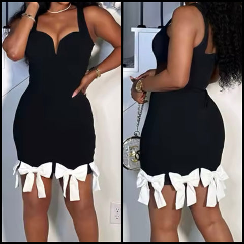 Women Sexy Sleeveless B&W Bow Dress