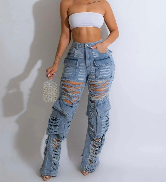 Women Fashion Ripped Cargo Denim Pants