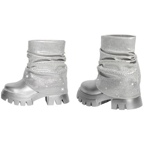 Women Silver Fashion Bling Ruched Ankle Boots