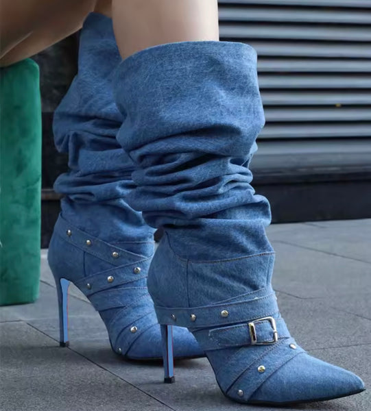 Women Fashion Denim Rivet Buckled High Heel Knee Length Boots