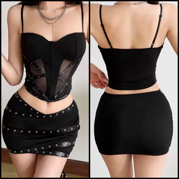 Women Sexy Black Sleeveless Mesh Rivet Patchwork Two Piece Skirt Set