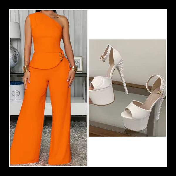Women One Shoulder Metal Sleeveless Two Piece Pant Set