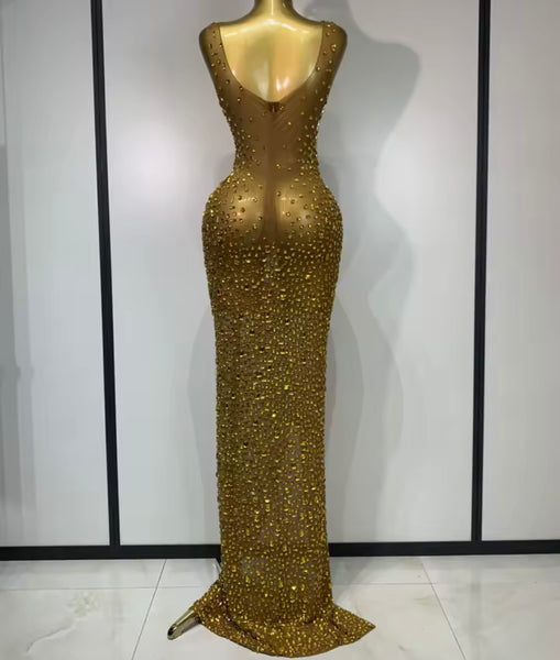 Women Sexy Sleeveless Crystal Mesh Maxi Dress
