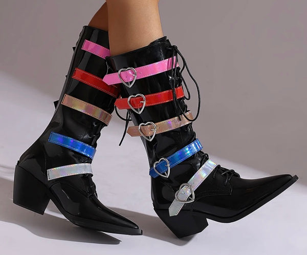 Women Pointed Toe Heart Buckled Lace Up Fashion Boots