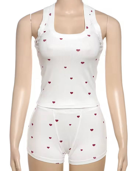 Women Sleeveless Ribbed Heart Print Lingerie Set