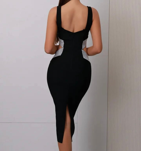 Women Sexy Solid Color Sleeveless Bling Cut Out Dress