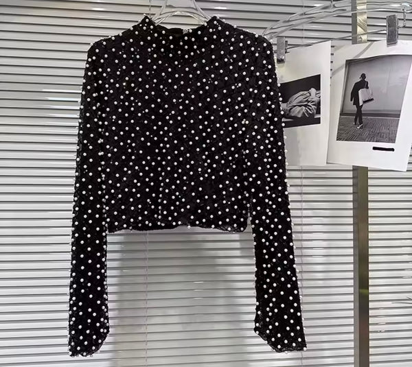 Women Fashion Pearl Full Sleeve Two Piece Maxi Skirt Set