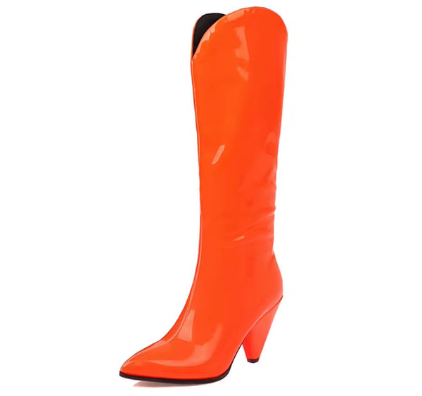 Women Fashion Color Patent Leather Knee High Western Boots