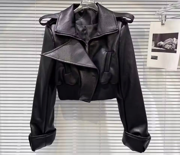 Women Black Faux Leather Fashion Jacket
