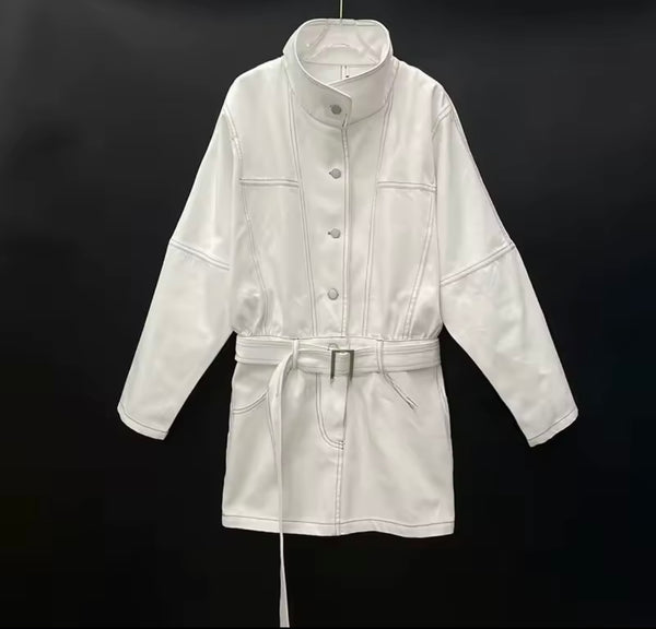 Women White Fashion Button Up Belted Denim Trench Jacket