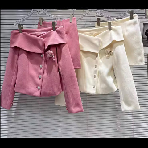 Women Off The Shoulder Button Up Blazer Two Piece Skirt Set