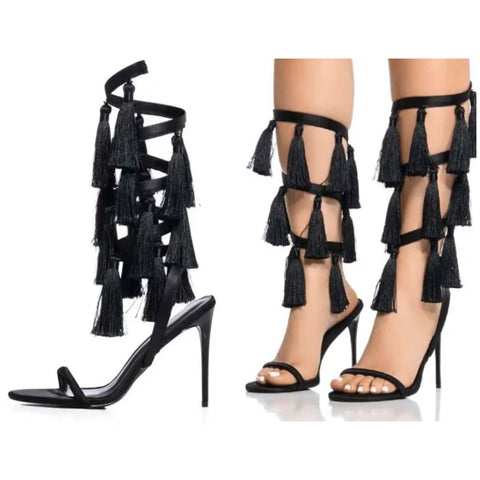 Women Fashion Black Tassel Wrap Around High Heel Sandals