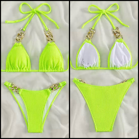 Women Sexy Tie Up Halter Green Ribbed Chain Bikini Swimsuit