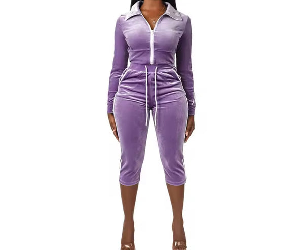 Women Velour Striped Zip Up Two Piece Capri Pant Set
