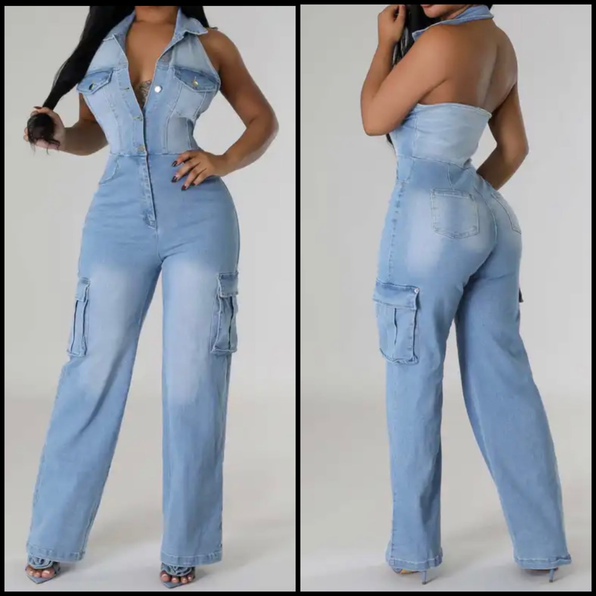 Women Sexy Fashion Button Up Halter Cargo Denim Jumpsuit