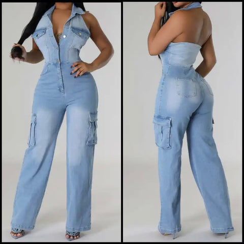 Women Sexy Fashion Button Up Halter Cargo Denim Jumpsuit