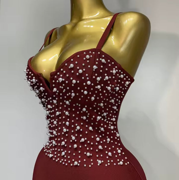 Women Sexy Sleeveless Beaded Pearl Bandage Dress