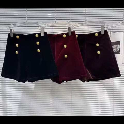Women Fashion Velour Gold Button High Waist Shorts