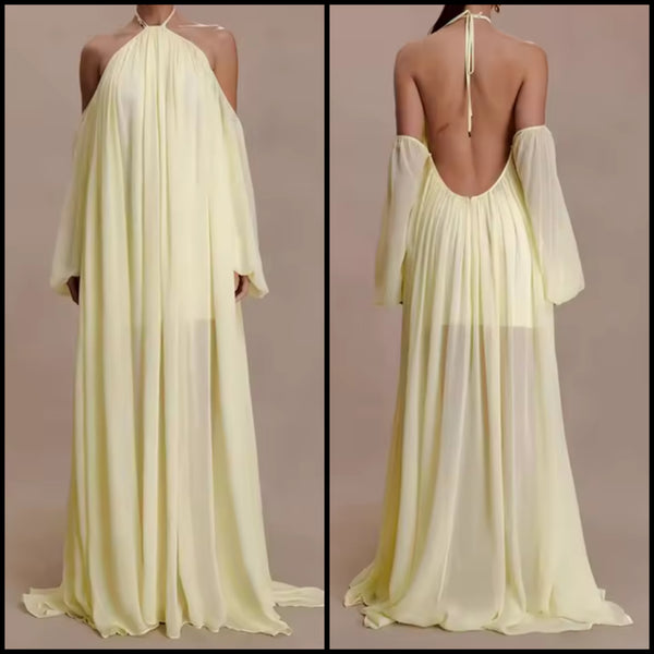 Women Sexy Halter Yellow Chiffon Maxi Dress