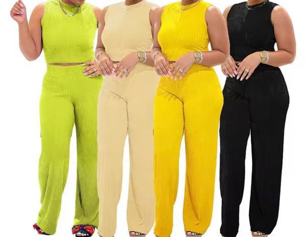 Women Sleeveless Ribbed Color Fashion Two Piece Pant Set