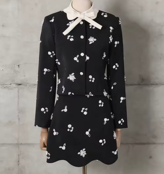 Women Collar Bow Full Sleeve Blazer Two Piece Skirt Set