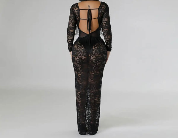 Women Black Sexy Lace Fringe Open Back Full Sleeve Maxi Dress