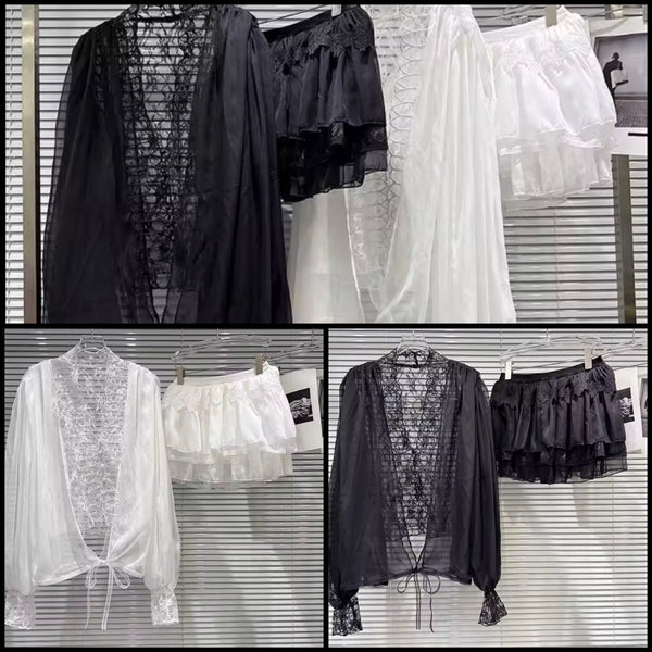 Women Lace Mesh Full Sleeve Two Piece Skirt Set