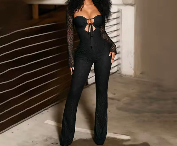 Women Sexy Lace Tie Up Open Back Full Sleeve Jumpsuit