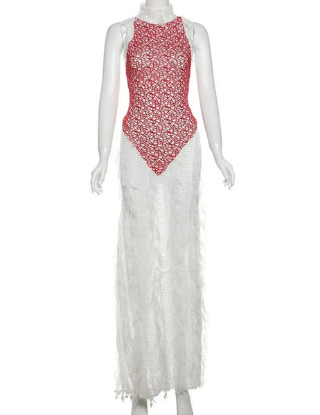 Women Sexy Halter Sleeveless Fringe Mesh Maxi Dress