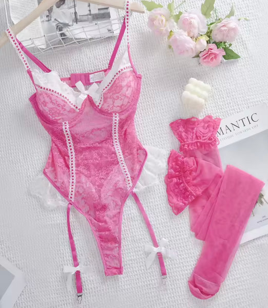 Women Sexy Pink/White Lace Sleeveless Bodysuit Lingerie Set
