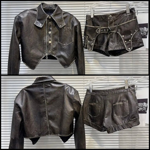 Women Fashion Buckled Rivet Faux Leather Two Piece Jacket Short Set