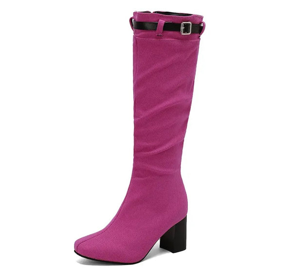 Women Fashion Color Buckled Zip Up Knee High Boots