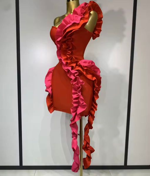Women Sexy Red One Shoulder Ruffled Dress