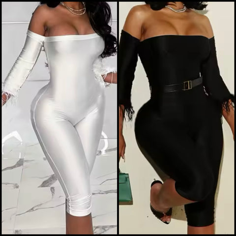 Women Sexy Strapless Feather Full Sleeve Romper