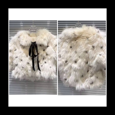 Women Fashion Polka Dot Tie Up Faux Fur Crop Jacket