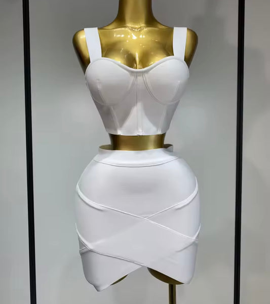 Women Sexy Color Sleeveless Bandage Two Piece Skirt Set