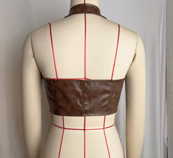 Women Sexy Fashion Faux Leather Halter Lace Up Top