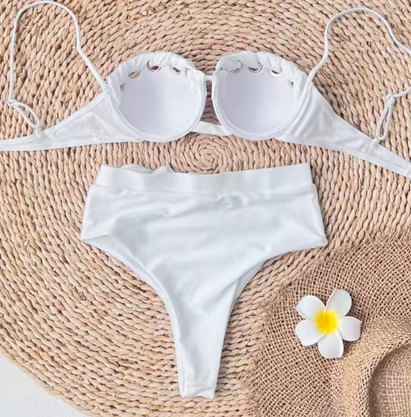 Women White Hollow Out Sexy Bikini Swimsuit