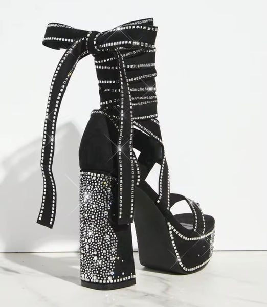 Women Fashion Suede Bling Lace Up Platform Sandals