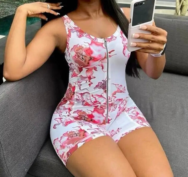 Women Printed Sleeveless Front Zipper Sexy Romper