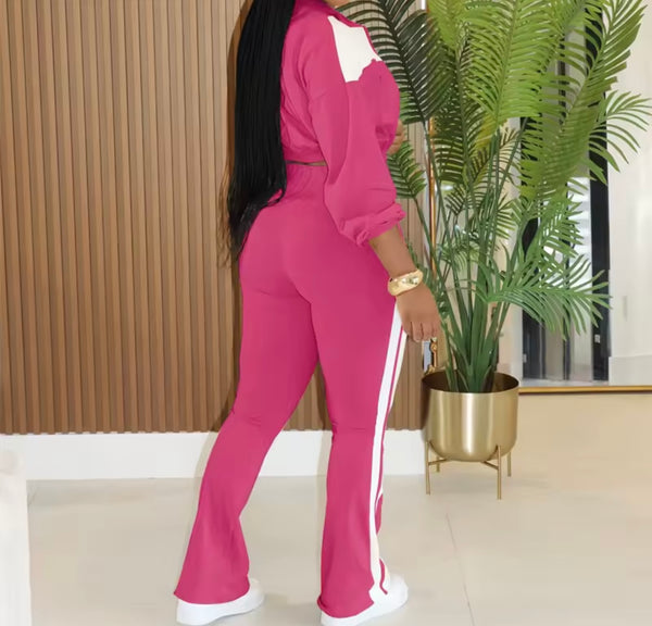 Women Color Patchwork Zip Up Tracksuit Two Piece Pant Set