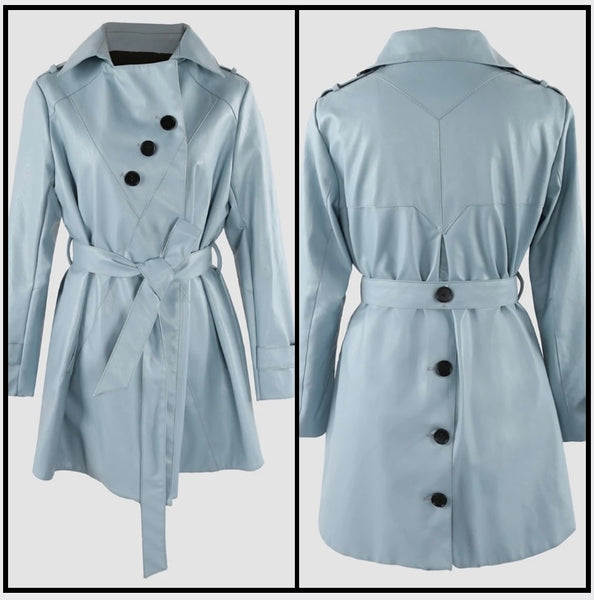 Women Fashion Blue Belted Faux Leather Trench Jacket