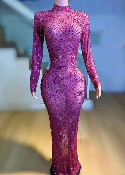 Women Sexy Bling Rhinestone Full Sleeve Mesh Maxi Dress