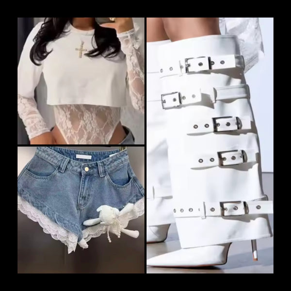 Women Fashion Bow Lace Patchwork Denim Shorts