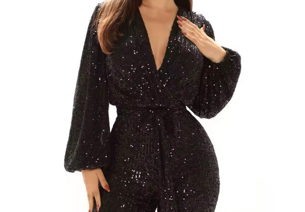 Women Sexy Sequins V-Neck Full Sleeve Tie Up Jumpsuit